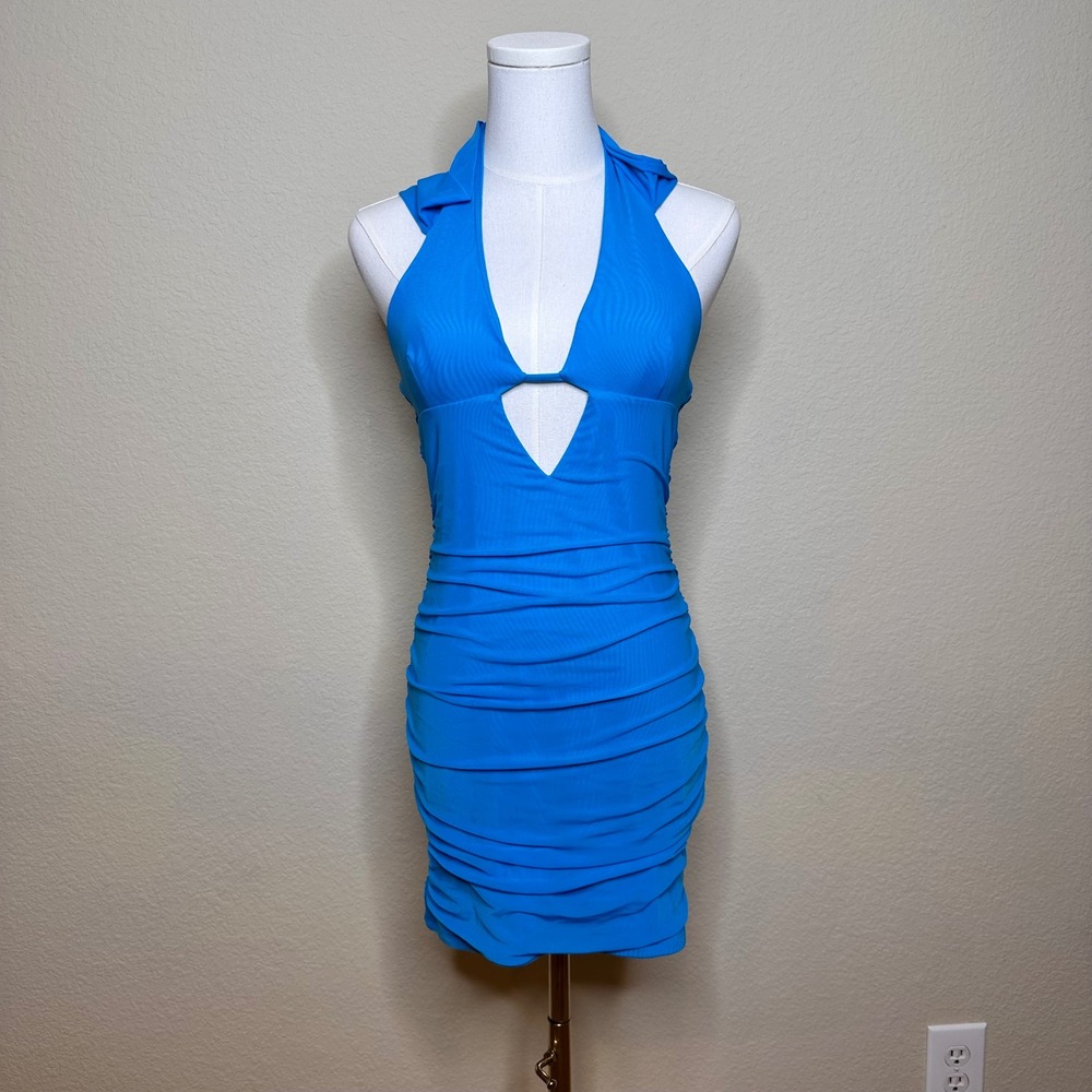 Oh Polly Blue Ruched Mesh Halter Hooded Mini Dress US 8 UK 12 Y2K styl‎ Bodycon